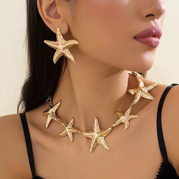 Gold-Tone Starfish Statement Necklace & Earring Set – Coastal Glam! - Picture 2 of 5